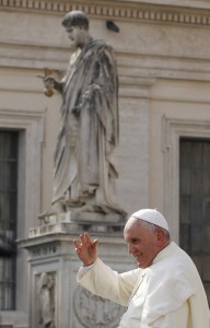 Statue of St. Peter seen as Pope Francis leaves general audience in St. Peter's Square at Vatican