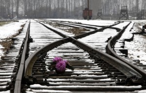 FLOWERS SITS ON RAILWAY TRACKS AT FORMER NAZI DEATH CAMP IN AUSCHWITZ