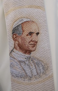 Image of Blessed Paul VI seen on priest's stole prior to beatification Mass in St. Peter's Square