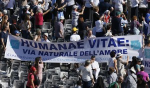 Banner referencing "Humanae Vitae," 1968 encyclical of Blessed Paul VI, seen at conclusion of beatification Mass in St. Peter's Square at Vatican