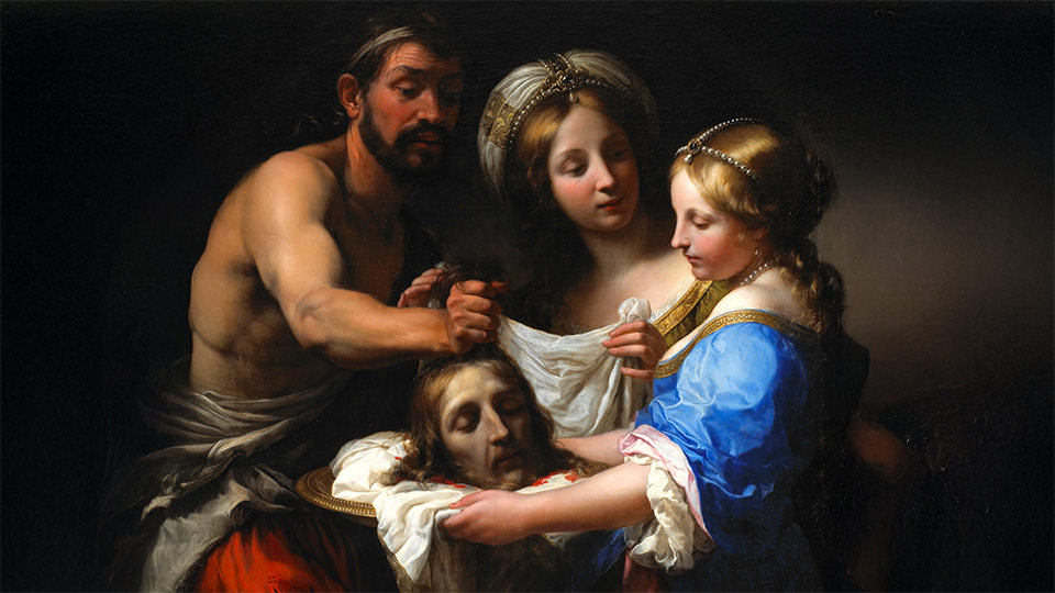 Peinture représentant la décollation de saint Jean-Baptiste, dont la tête est présentée sur un plateau par deux femmes.